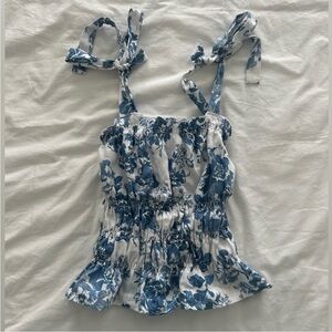 Reformation linen floral tie strap top, size small